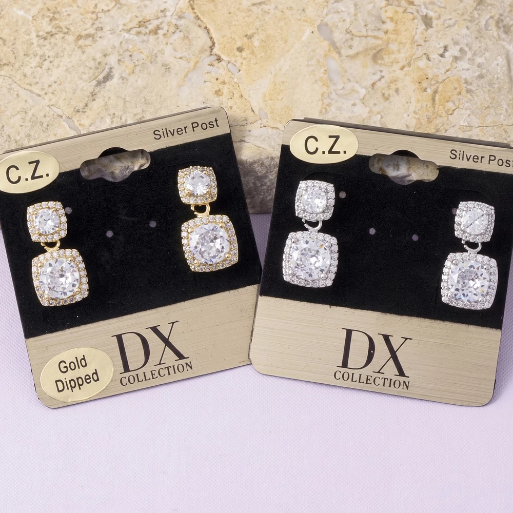 Gold Dipped Cushion Cut Cz Halo Drop Earrings
