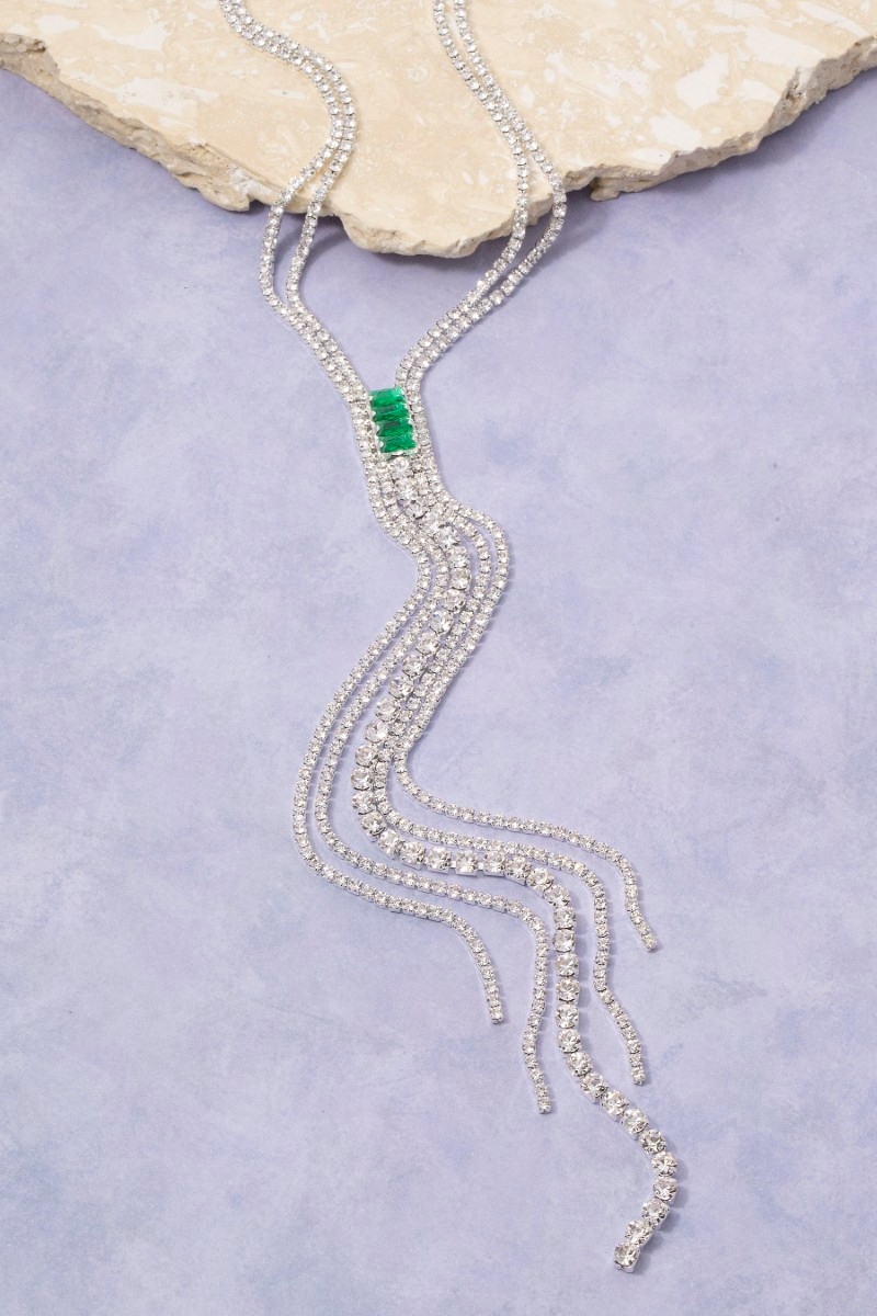 Cz Fringe Lariat Necklace With Emerald Accent