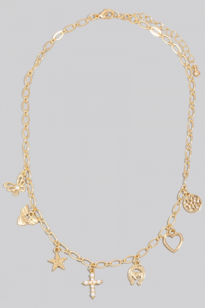 Star Cross And Heart Charms Chain Necklace