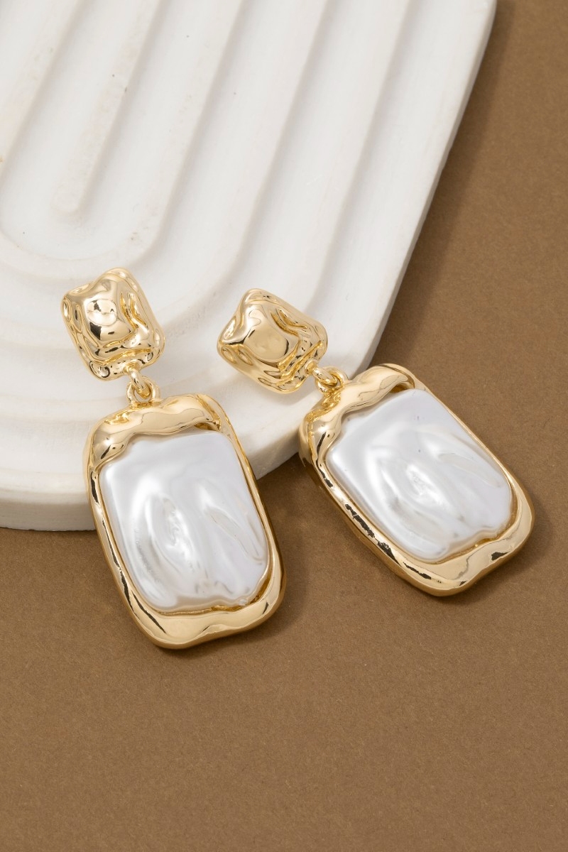 Metallic And Pearl Rectangle Stud Dangle Earrings
