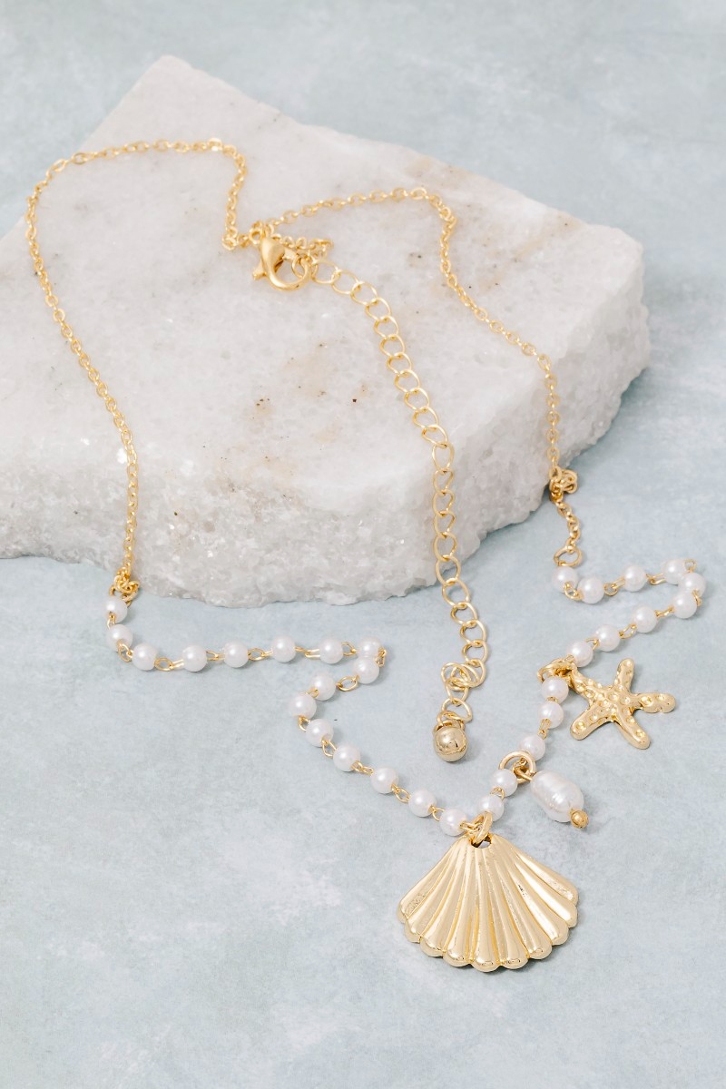 Starfish And Clam Shell Charms Pearl Beaded Necklace