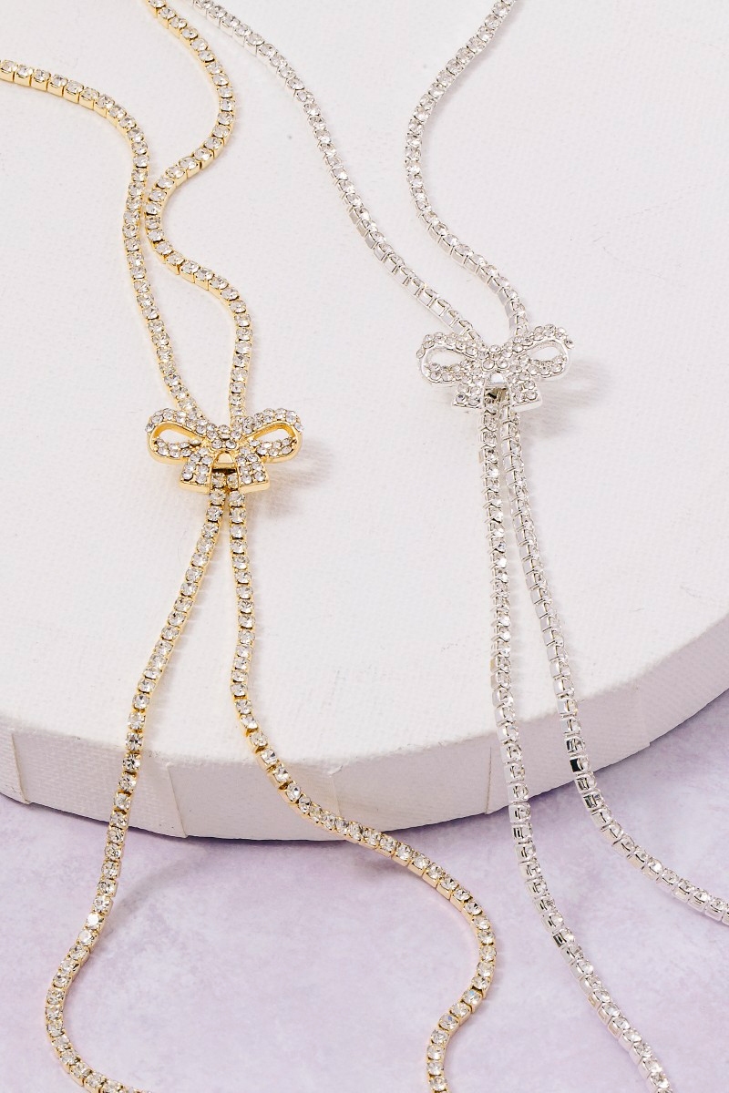 Pave Ribbon Bow Adjustable Slider Pendant Necklace