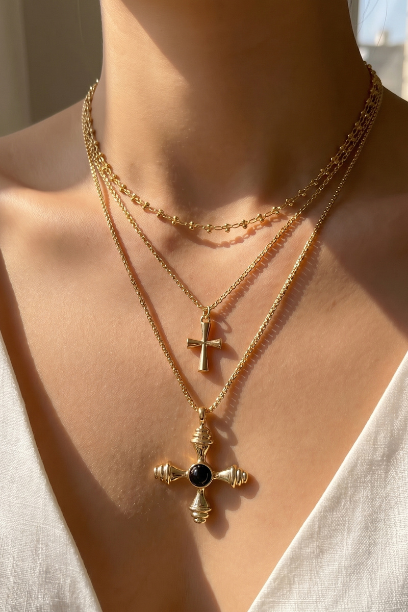 Triple Layer Cross Pendant Satellite Chain Necklace