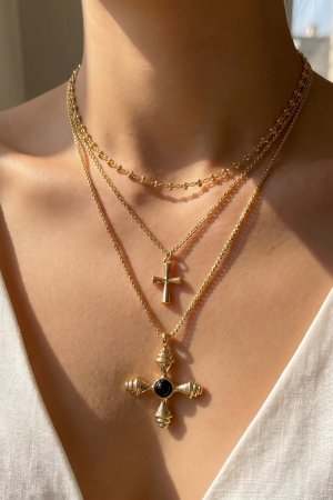 Triple Layer Cross Pendant Satellite Chain Necklace