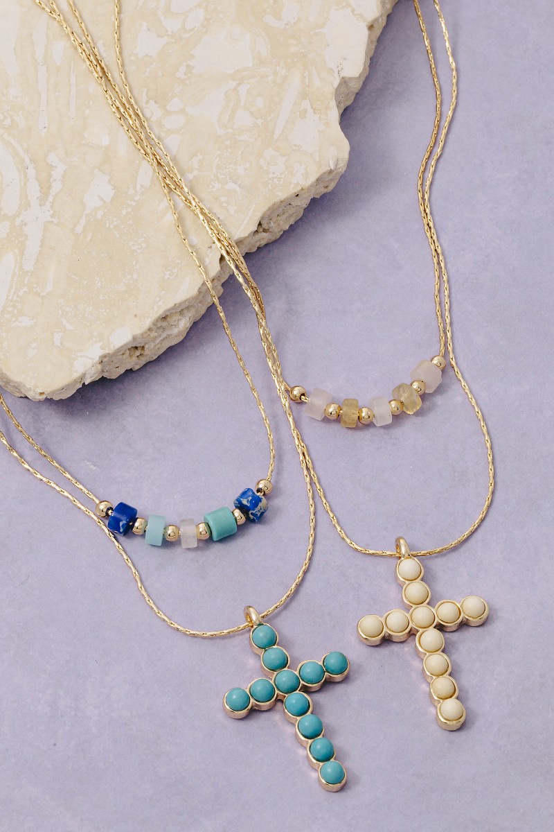 Studded Cross Pendant Layered Necklace