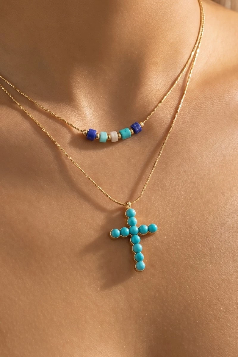 Studded Cross Pendant Layered Necklace