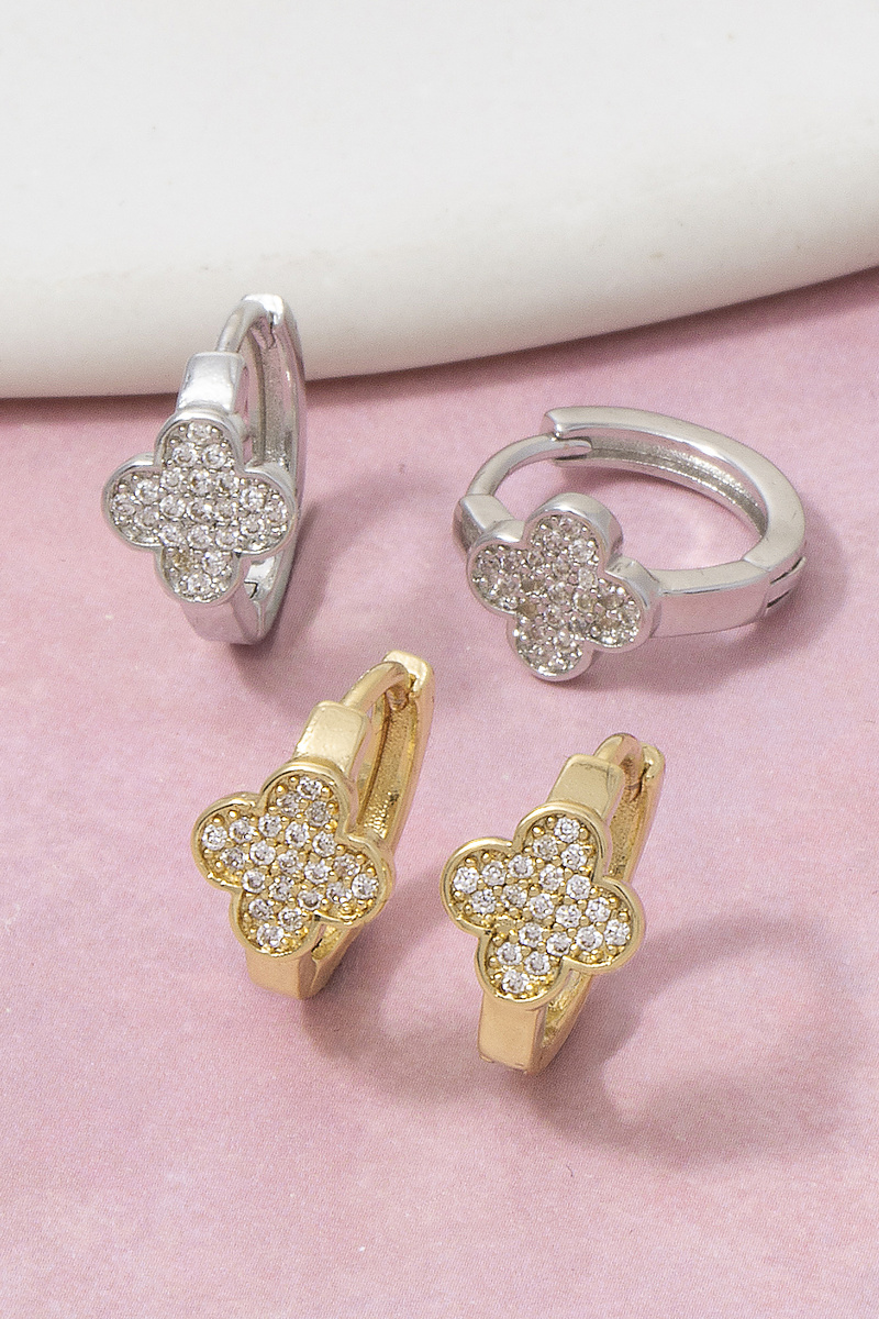 Gold Dipped Cz Clover Huggie Hoop Earrings
