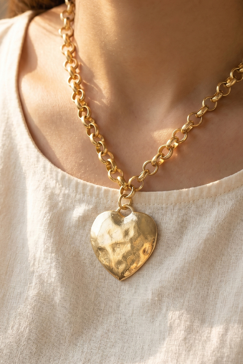 Hammered Heart Pendant Rolo Chain Necklace