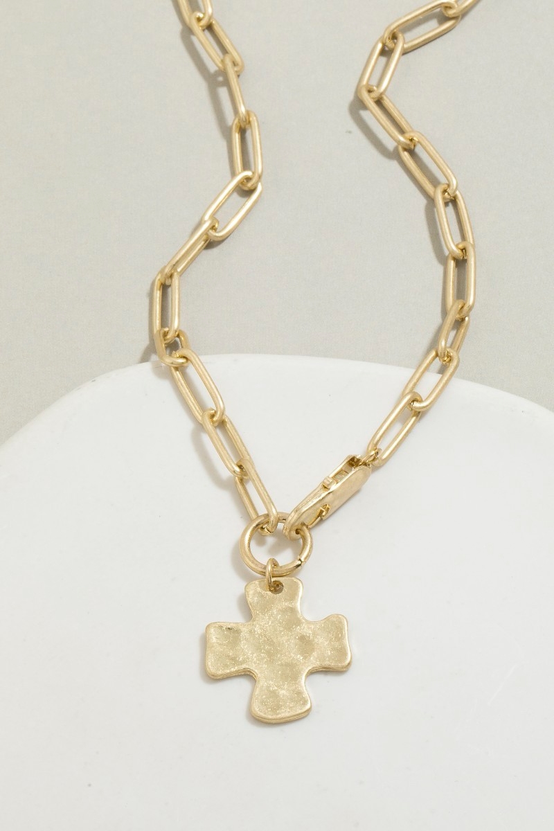 Hammered Cross Pendant Paperclip Chain Necklace