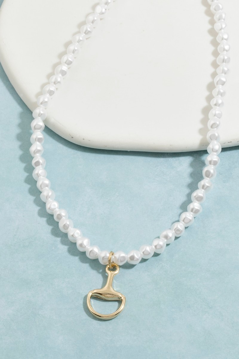 White Beaded Choker With Gold Horsebit Pendant