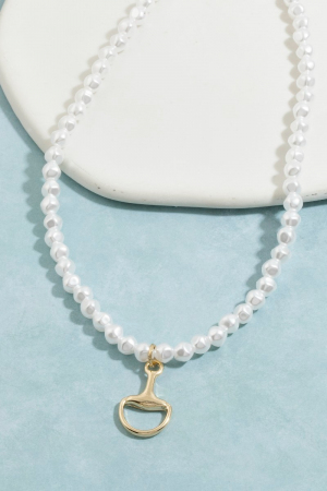 White Beaded Choker With Gold Horsebit Pendant