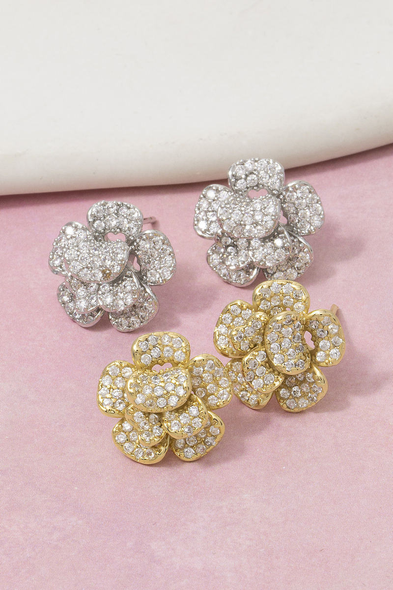 Gold Dipped Cz Pave Flower Stud Earrings