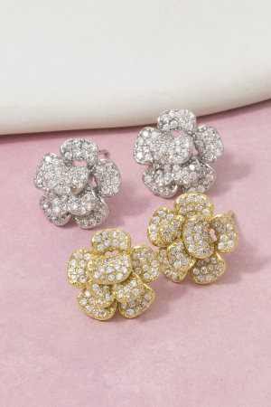 Gold Dipped Cz Pave Flower Stud Earrings