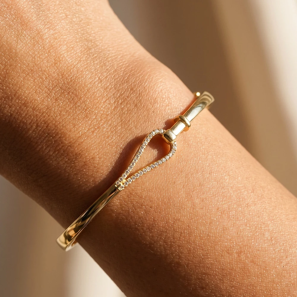 Cz Pave Buckle Link Hinged Bangle Bracelet