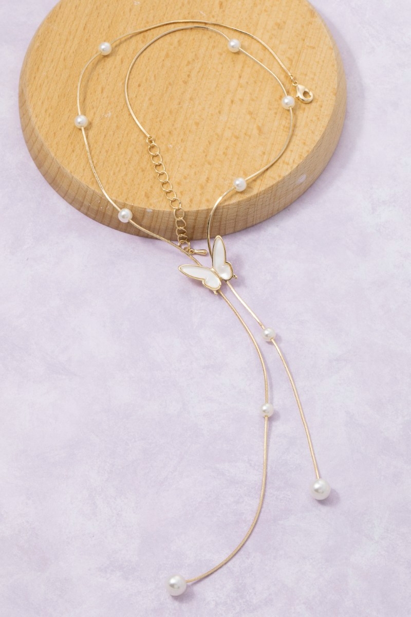 Station Pearl Charms Butterfly Tie Chain Necklace