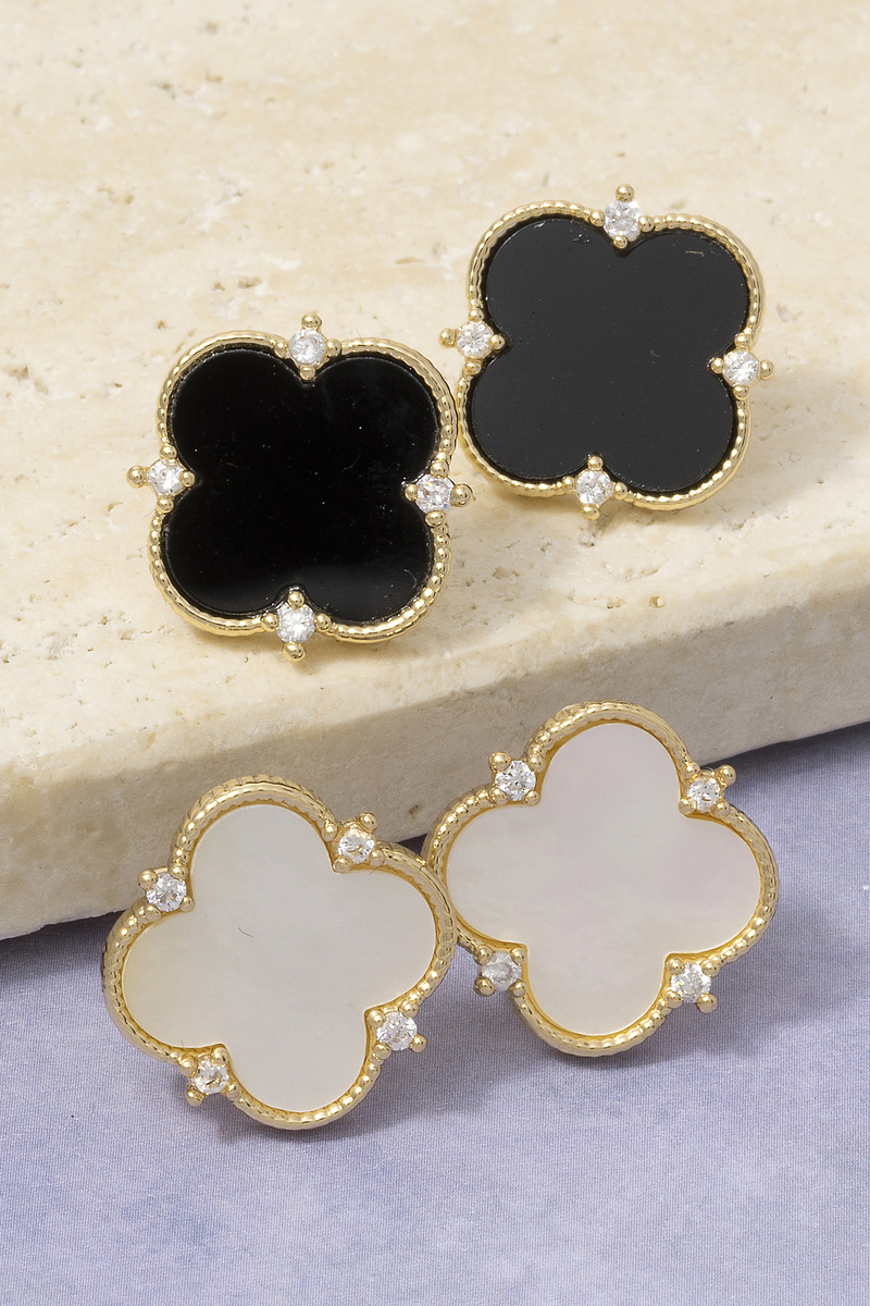 Gold Dipped Cz Clover Mop Stud Earrings