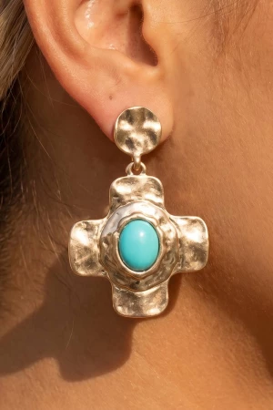 Hammered Cross Drop Earrings With Turquoise Stone