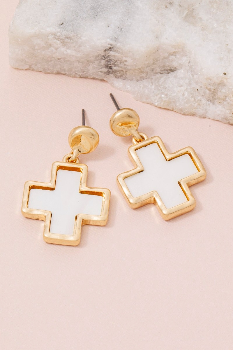 Mother Of Pearl Cross Drop Earrings