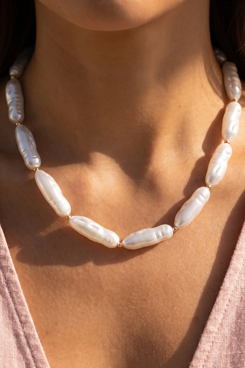 Pearlescent Barrel Bead And Gold Station Necklace