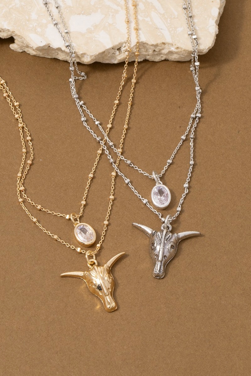 Western Bull Skull & Cz Layered Satellite Chain Necklace