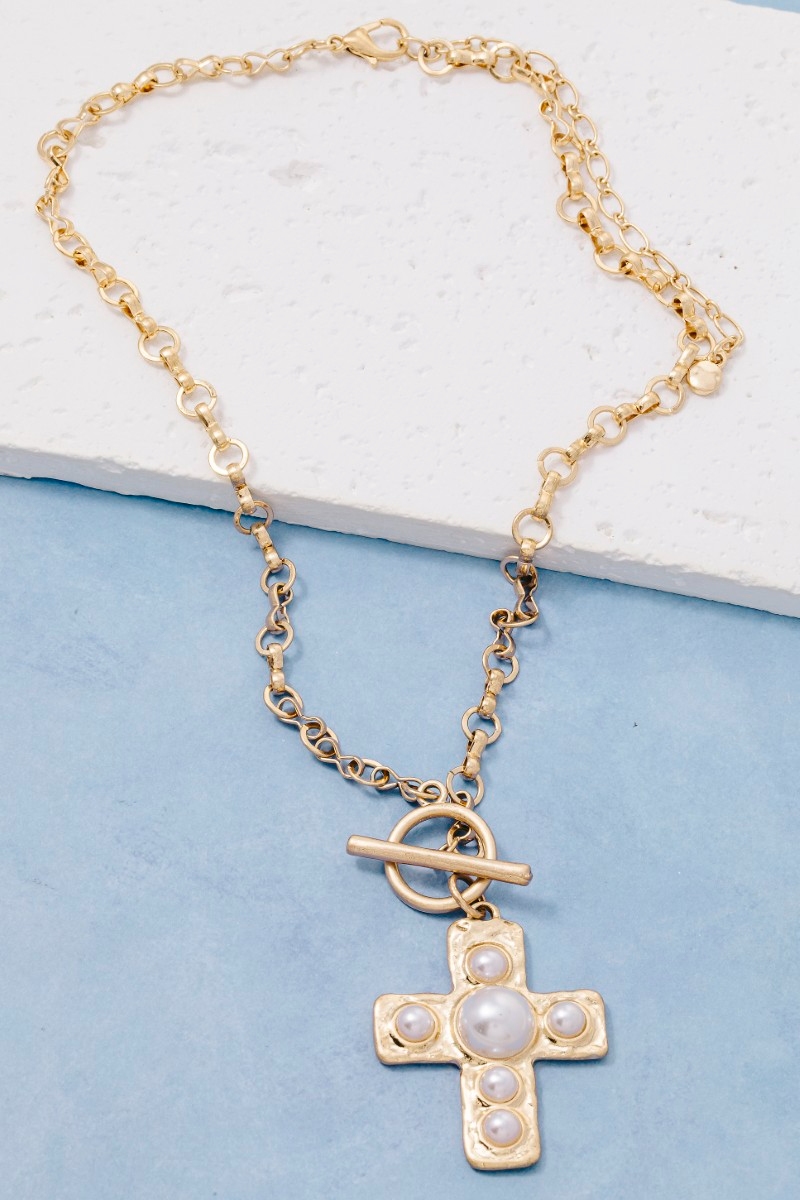 Pearl Studded Cross Pendant Toggle Chain Necklace