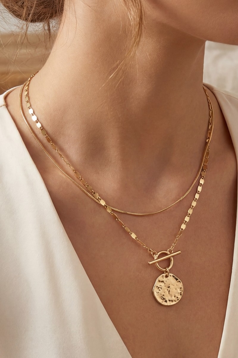 Coin Pendant Toggle Chain Layered Necklace