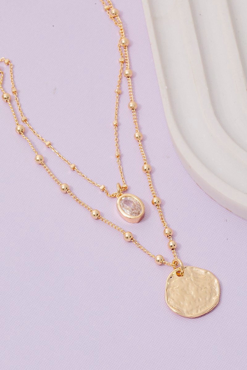 Coin And Oval Cz Charm Layered Chain Necklace