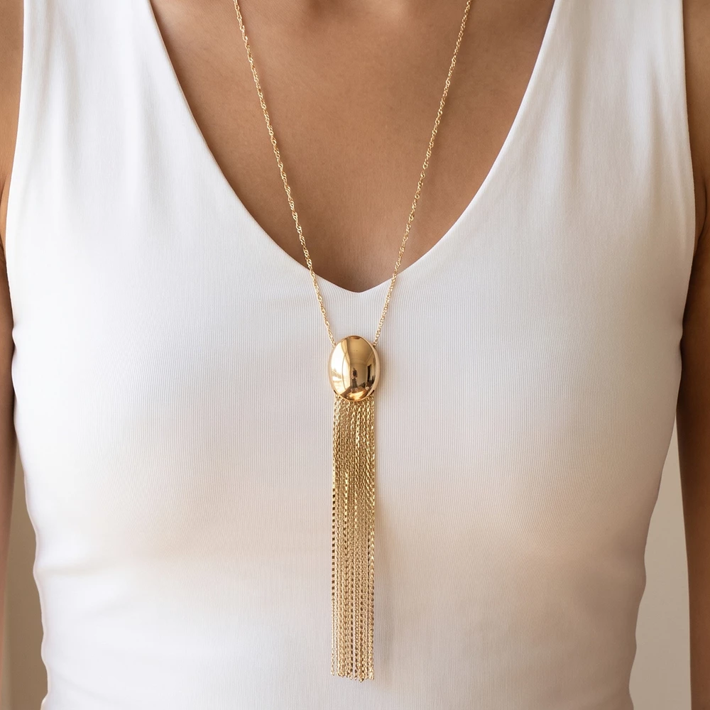 Polished Oval Dome Chain Tassel Pendant Necklace