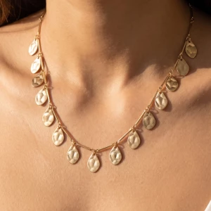 Hammered Oval Disc Charm Fringe Chain Necklace