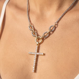 Two Tone Chain Necklace With Cz Cross Pendant