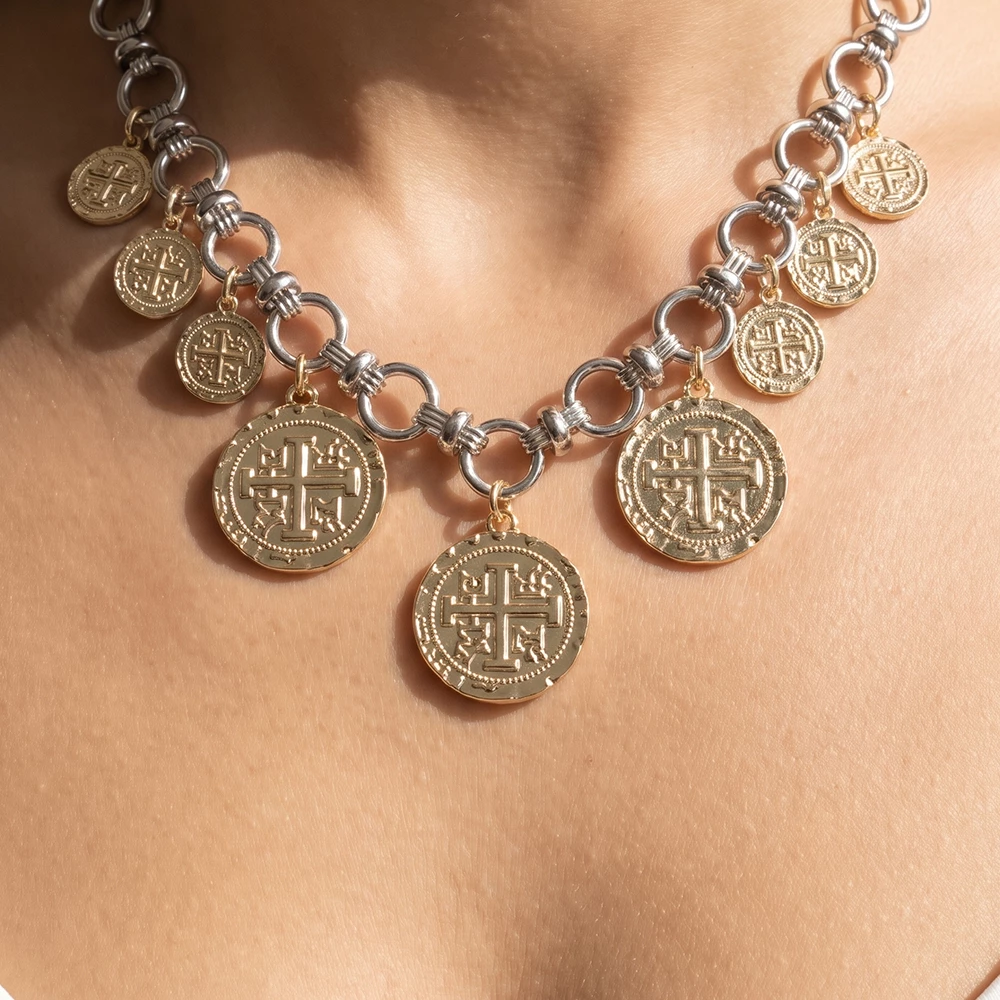 Two Tone Circle Link Coin Charm Necklace