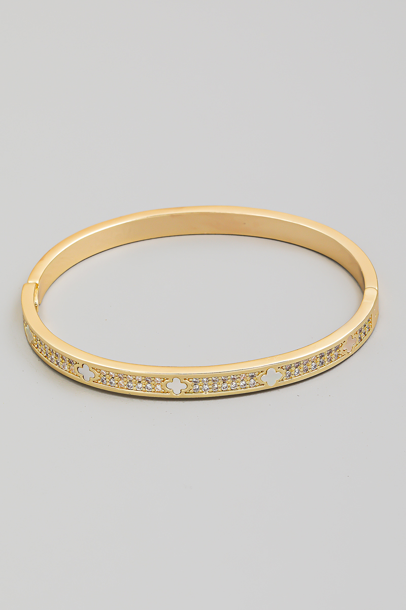 Cubic Zirconia Studded Clover Hinge Cuff Bracelet