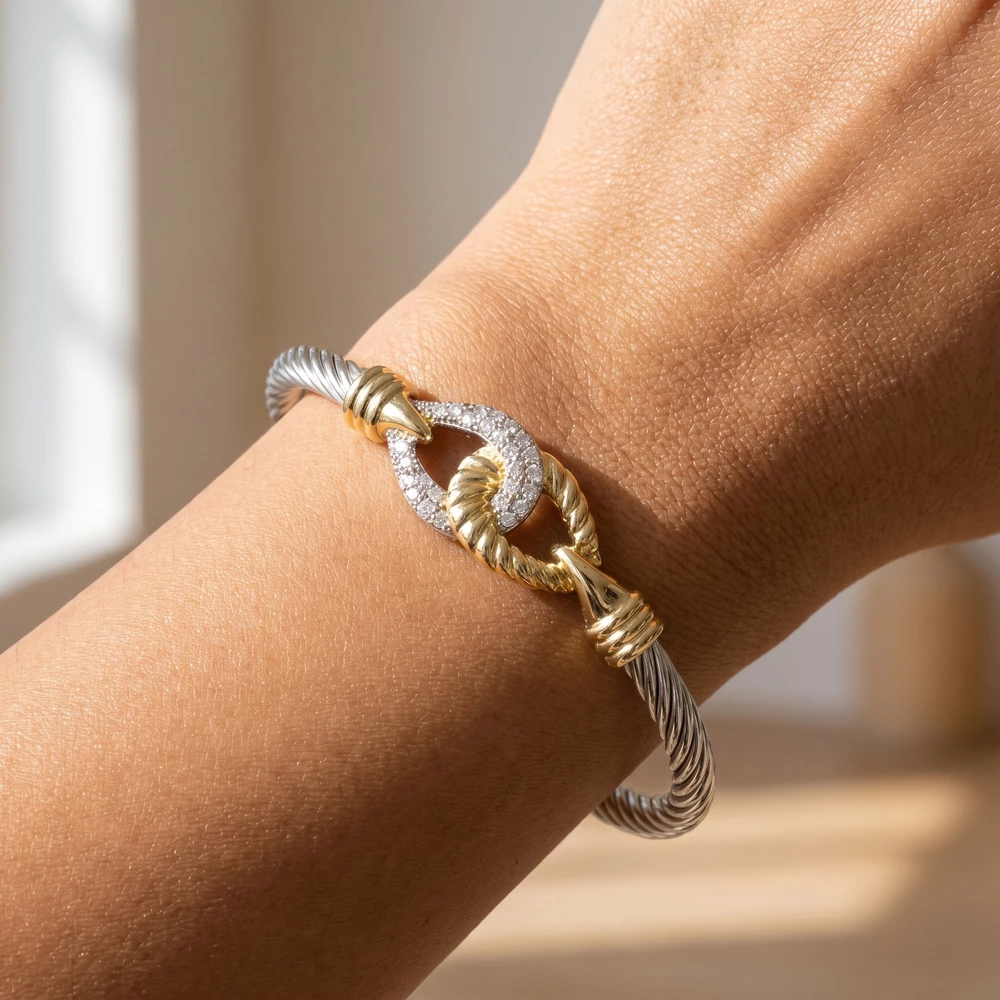 Two Tone Cable Cuff Bracelet With Oval Cz Link