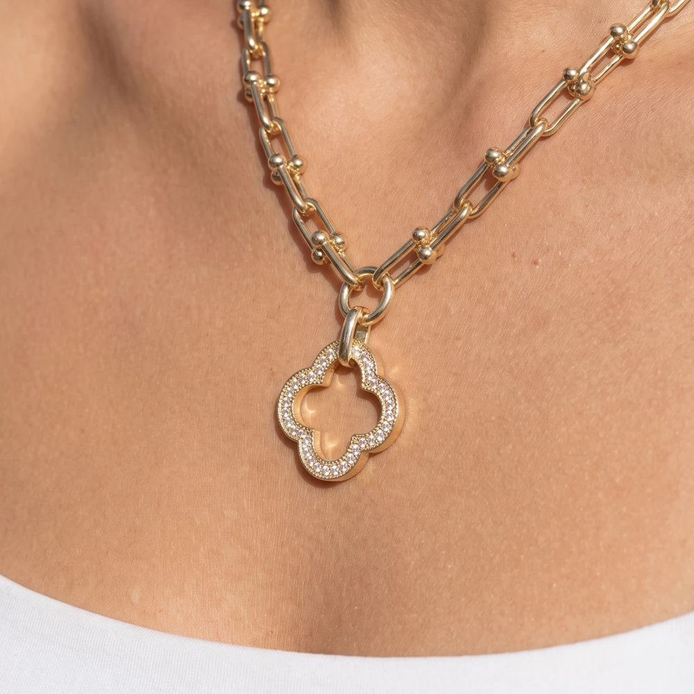 U Link Chain Cz Open Clover Pendant Necklace