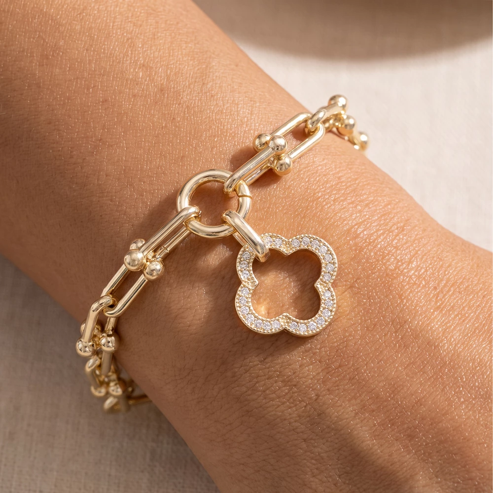 Hardware Link Chain Bracelet With Clover Charm