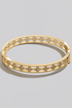 Gold Dipped Cz Pave Clover Row Hinge Bangle Bracelet