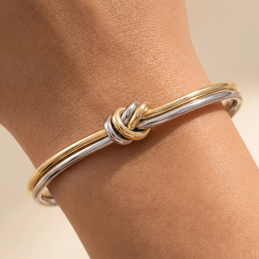 Two Tone Double Knot Open Cuff Bracelet