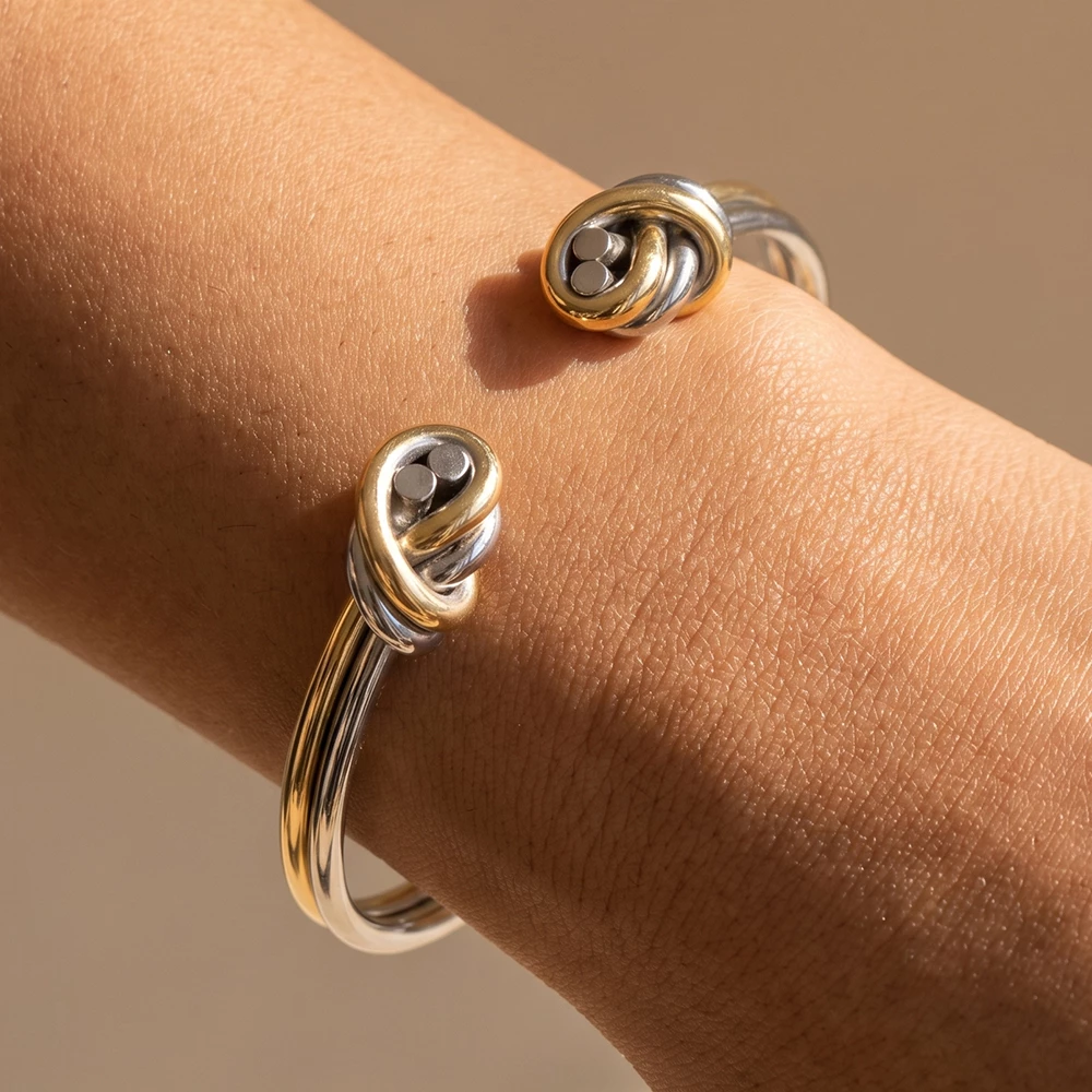 Two Tone Double Wire Knotted End Cuff Bracelet