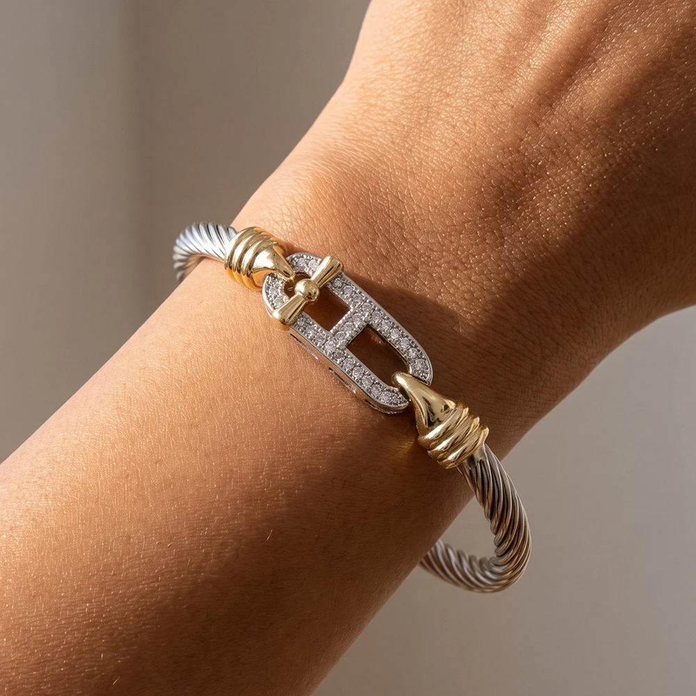 Twisted Cable Bangle With Cz Hook Clasp