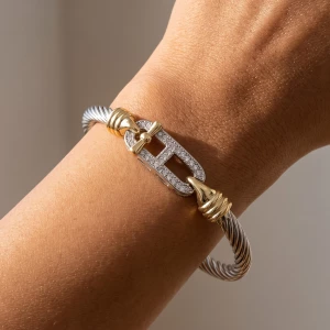 Twisted Cable Bangle With Cz Hook Clasp