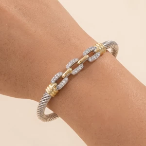 Two Tone Cable Cuff Bracelet With Cz Links