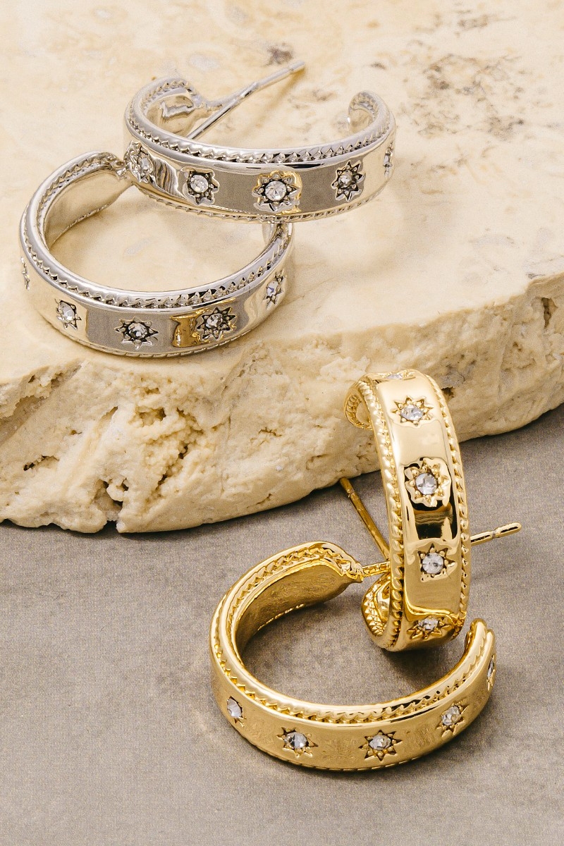 Gold Dipped Cz Stars Station Hoop Earrings