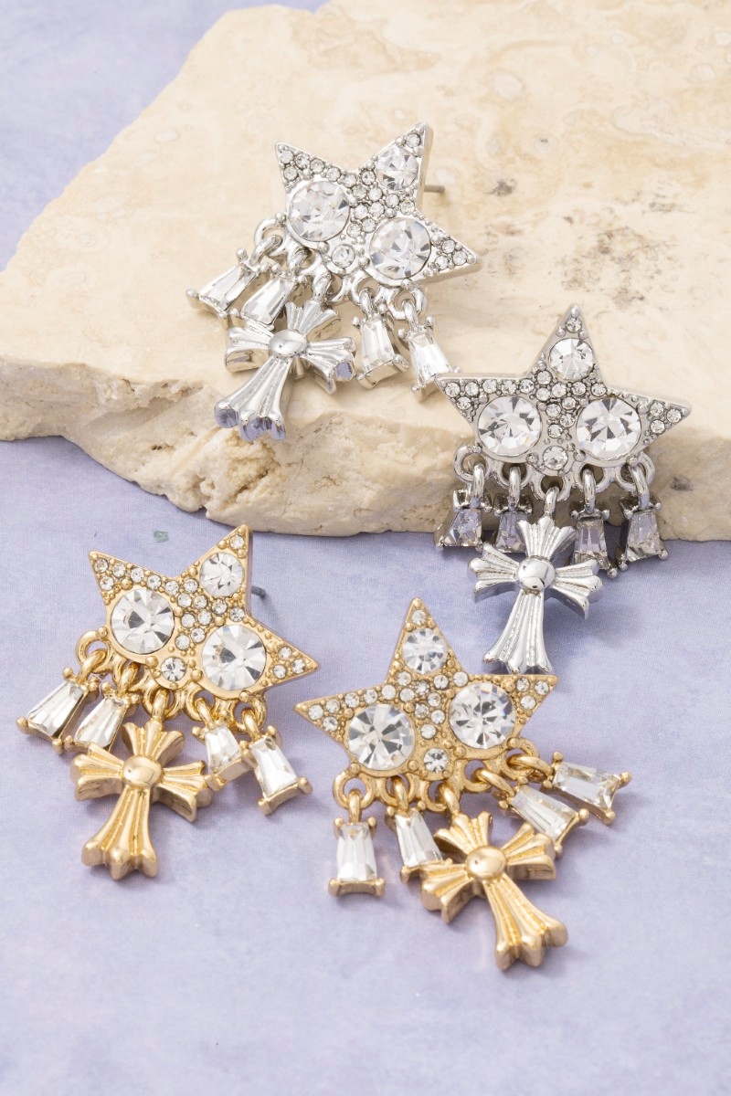 Intricate Pave Baguette Star And Cross Stud Earrings