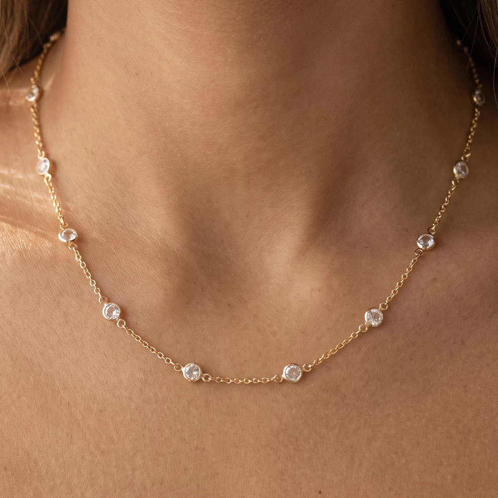 Bezel Cz Station Dainty Chain Necklace