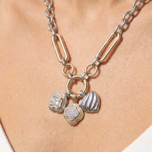 Two Tone Chain Necklace With Clover Heart Charms