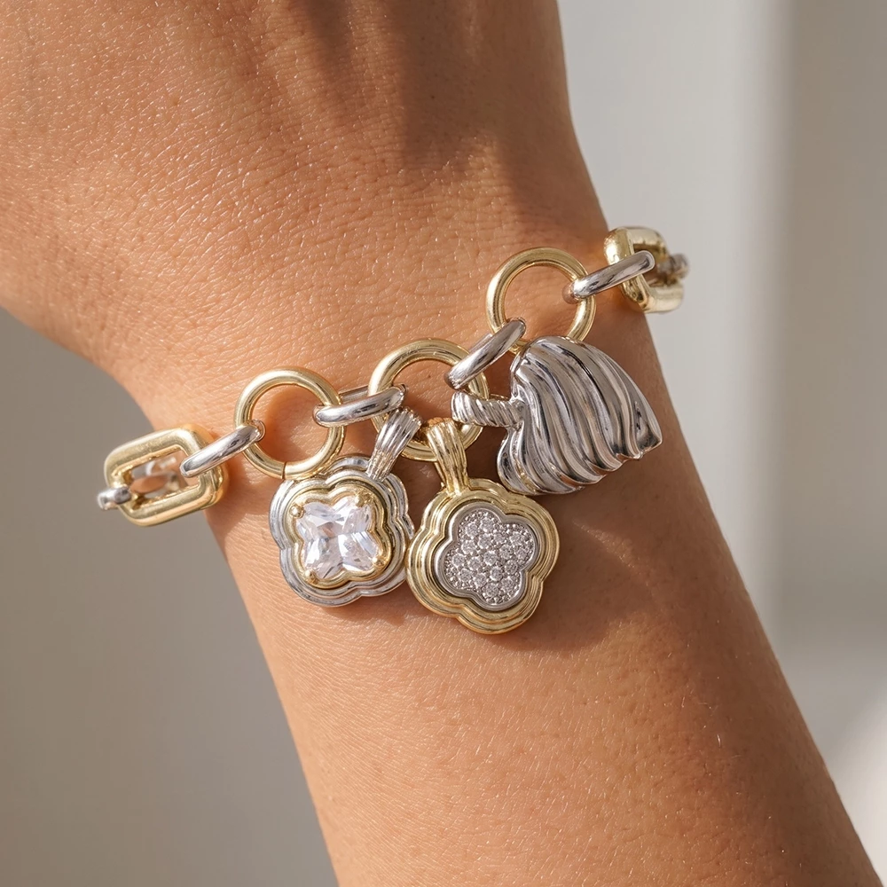 Two Tone Chain Bracelet With Clover Heart Charms