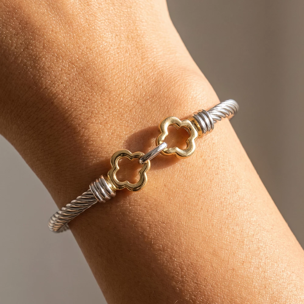 Twisted Cable Open Clover Hook Bangle Bracelet