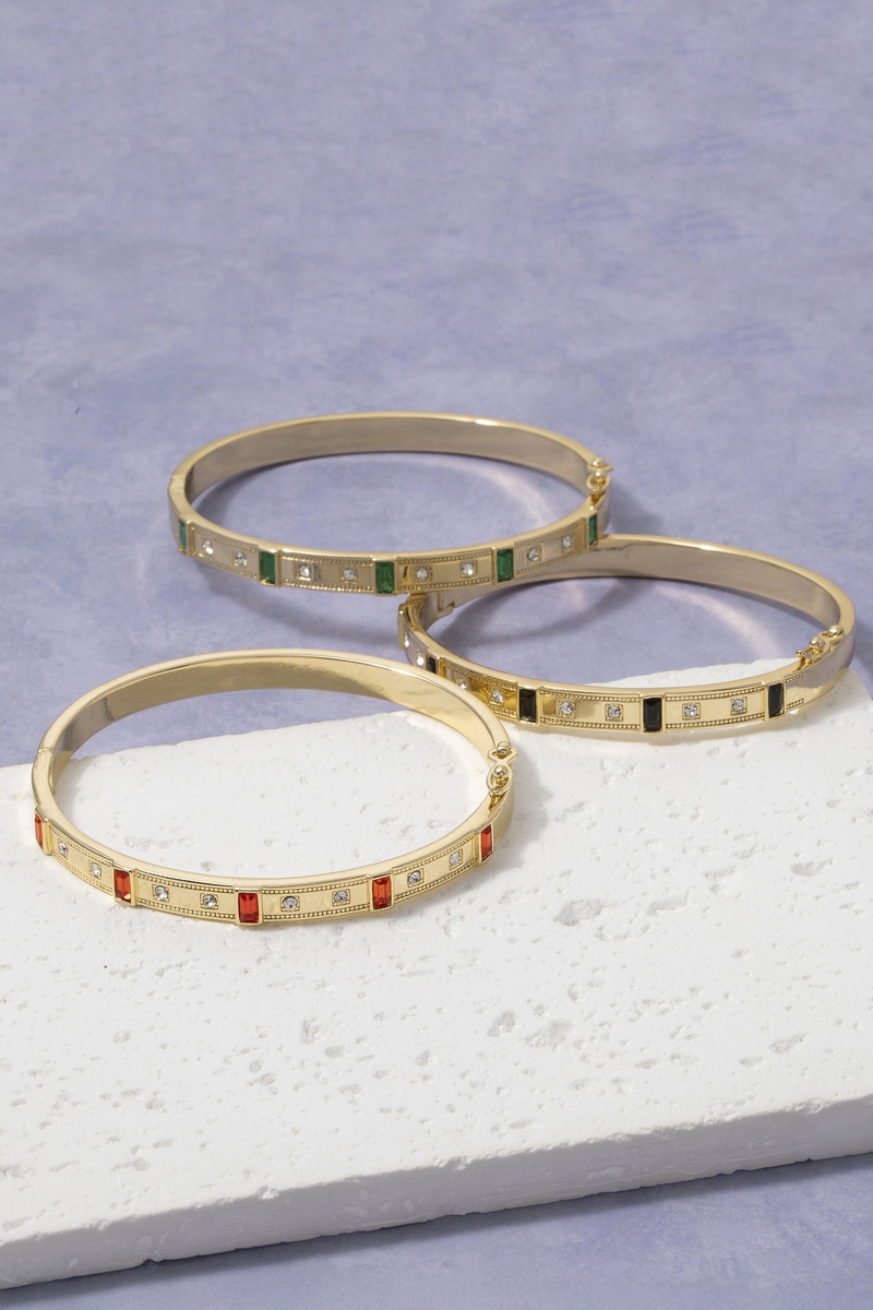 Gold Dipped Cz Baguette Panel Hinged Bangle Bracelet