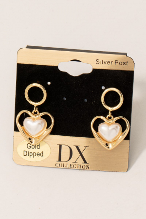 Gold Dipped Heart And Pearl Charm Dangle Earrings
