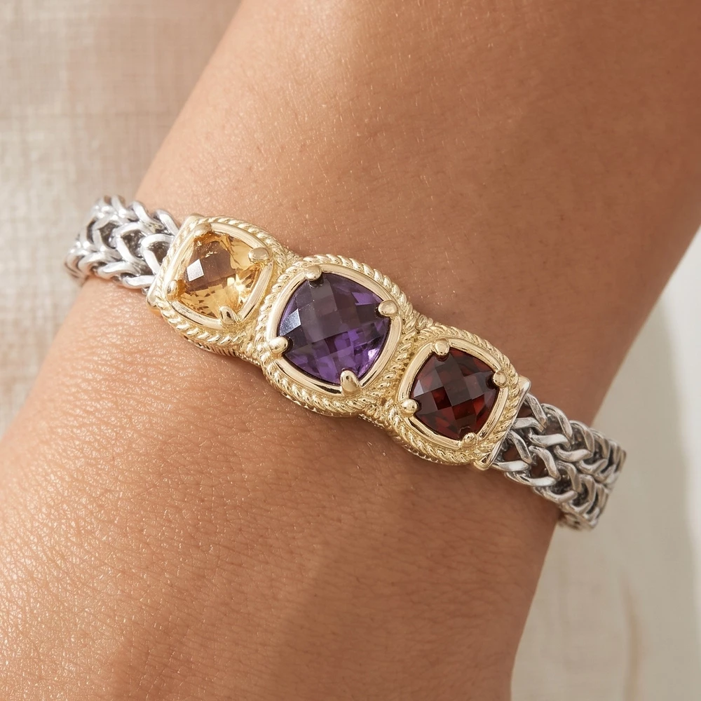 Two Tone Triple Cushion Cz Wheat Chain Bracelet